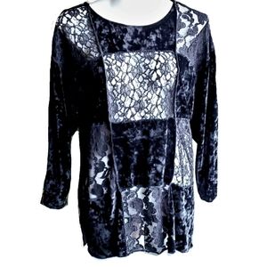 THE LIMITED Black Velvet and Lace Patchwork Oversized Tunic Top Size Small